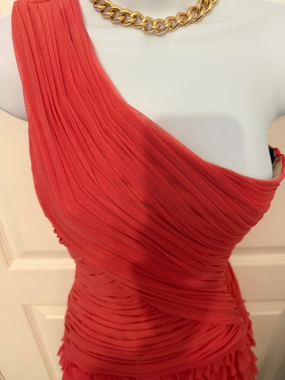 bebe Coral One-Shoulder Ruffle Dress